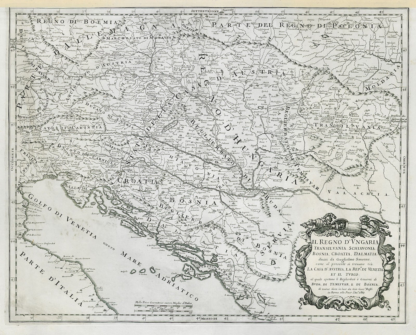 Il Regno d'Ungaria, Transilvania… Bosnia, Croatia… DE ROSSI / SANSON 1683 map